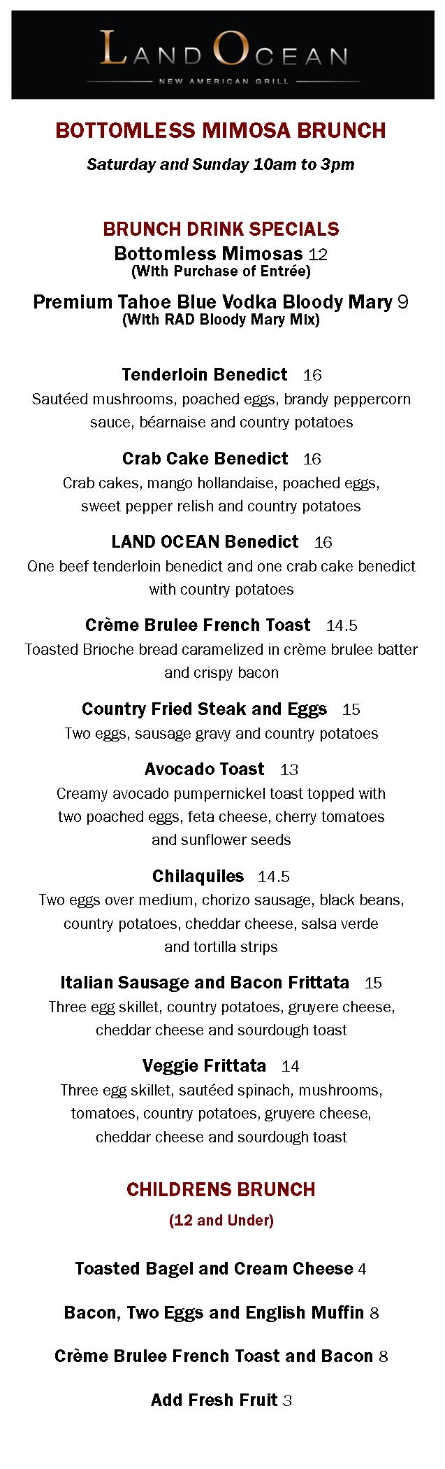 Brunch Menu (Folsom) Land Ocean Restaurants