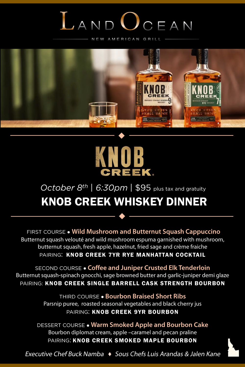 land ocean meridian knob creek whiskey dinner flyer